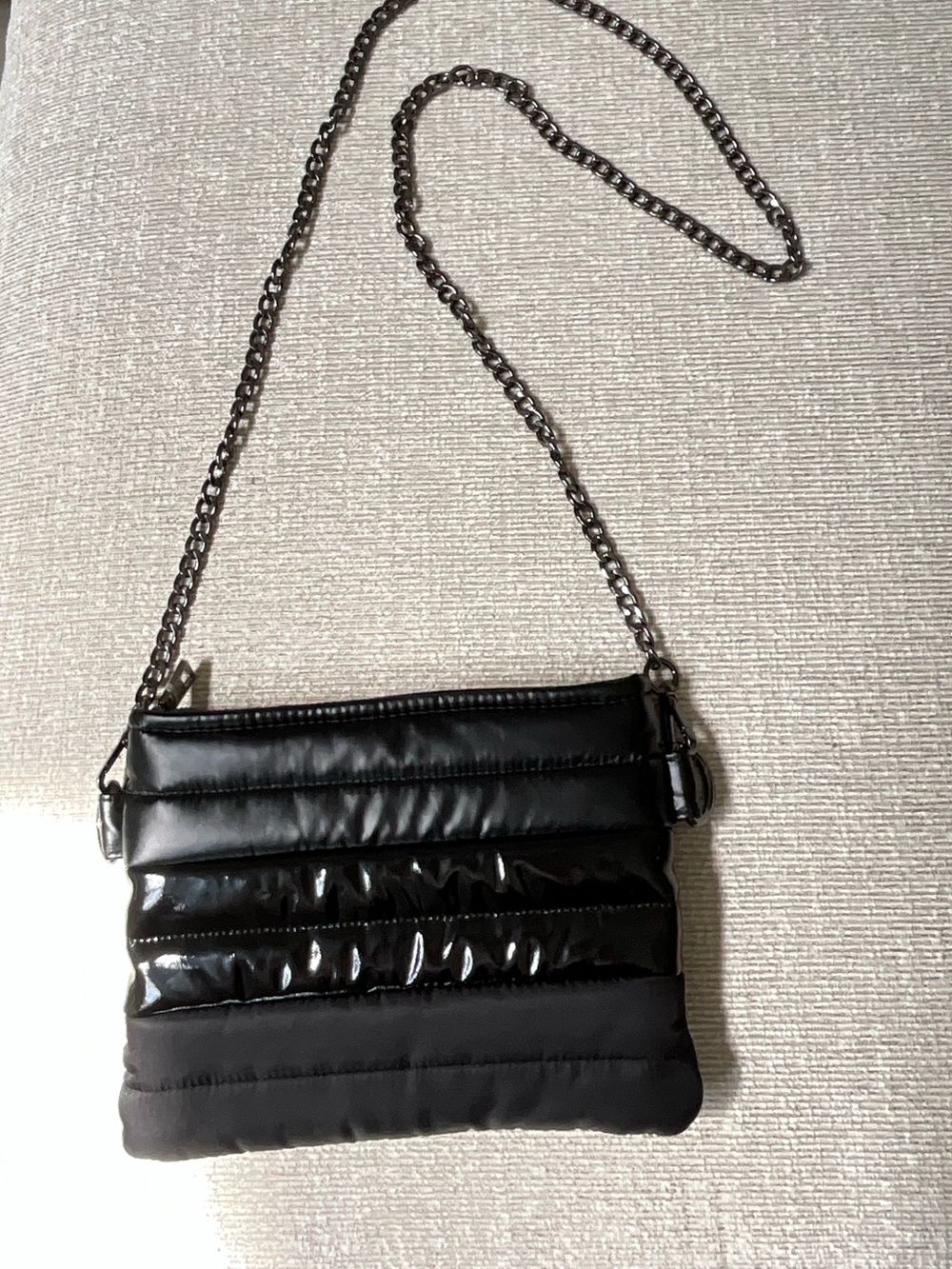 THINK ROYLN Black Quilted Nylon Puffer Crossbody Bag Gunmetal Chain Removable